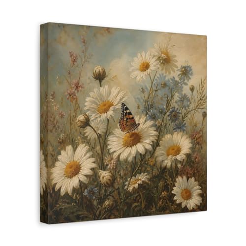 Tableau marguerites et papillons en toile canvas premium 30x30 cm
