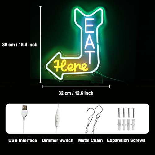 Image of Eat Here Neon Sign with Arrow Guidance for Bar Restaurant Kitchen Decor | Dimmable Kitchen Neon Signs for Wall, Diner Neon Light, Acrylic Business Open Sign, USB Powered, Eat LED Sign, Easy to Hang