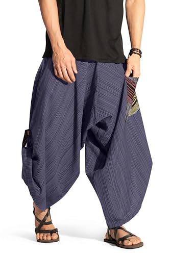 Image of The Veshti Company Cotton Baggy Pants Drop Crotch Harems for Men's Loose Boho Oversized Striped Meditation Yoga Pant with Pocket