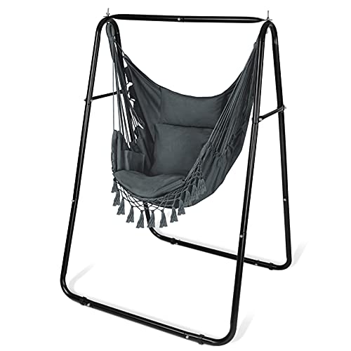 XCSOURCE Hammock Chair with Stand, Hammock Chair Swing with 3 Cushions, Hanging Chair Stand,Max Capacity 500 LBS,Heavy Duty Steel Solid Stand for Swing Chair,Suitable for Indoor,Outdoor (Grey)