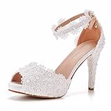 Cylele Mgg Damen Spitze Blume Hochzeit Schuhe Braut Sandalen Frauen Stiletto weiße Heels weibliche Prinzessin Sandal für Frauen Bride,Weiß,34