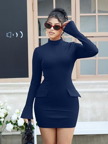 Image of YMDUCH Women's Long Sleeve Mock Neck Bodycon Mini Party Dress | Stretch,Flare Sleeve,Formal,Back Zipper,Elegant,Comfy,Casual,Fitted,Solid,Party,Date Night,Club,Birthday,Fall,Spring,Short