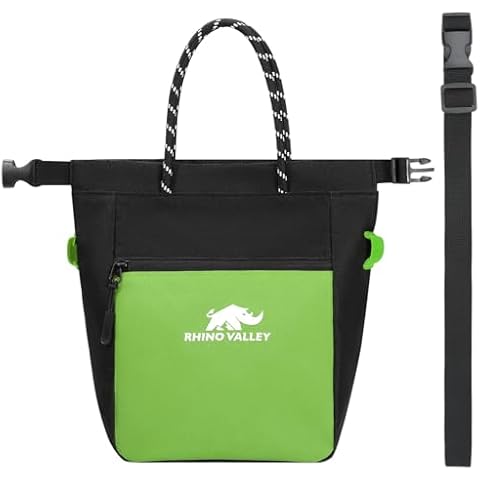 Rhino Valley Chalk Bag for Rock Climbing, No Leak Magnetic Climbing Chalk Bag with Handle, Climbing Chalk Bucket Gear with Adjustable Belt Zipper Pockets for Cross Fit, Weight Lifting, Black+Green Cover