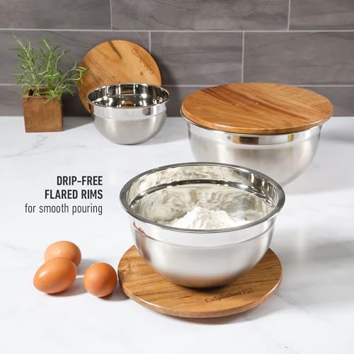 Image of Calphalon Orbit Mixing Bowl Set, 3-Piece Stainless Steel Mixing Bowls(1.5 Qt, 3 Qt, 5 Qt) with Acacia Wood Lids & Non-Slip Base, Kitchen Prep Bowls for Mixing, Serving & Food Storage