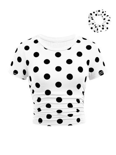 SOLY HUX Girls Polka Dots Short Sleeve T Shirt Crew Neck Ruched Slim Fitted Tee Summer Tops with Hair Ties White Polka Dots 8Y