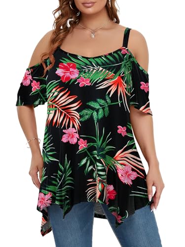Image of LARACE Cold Shoulder Tops for Womens Summer Clothes Spaghetti Strape Tunic Oversized Shirts Asymmetrical Plus Size Blouse