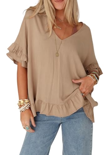 Ecosunny Women's Casual V Neck Short Sleeve Shirts Light French