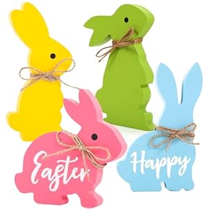 Wooden Bunnies Easter Decorations for The Home 4PCS Cute Bunny Table Decor with Jute Twine Bow Spring Decorations for Tiered Tray Party Favors Tabletop Indoor Gift RY 36FHJR