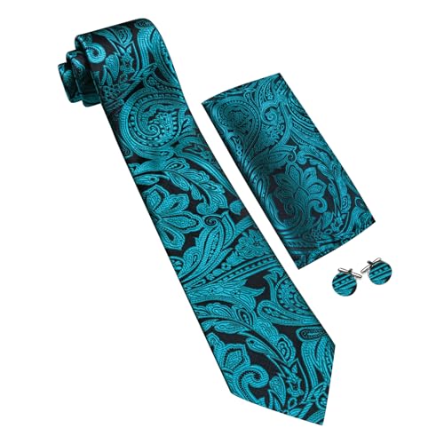 Image of Barry.Wang Men Tie Set Paisley Silk Necktie Pocket Square Cufflinks Formal Wedding Business Party