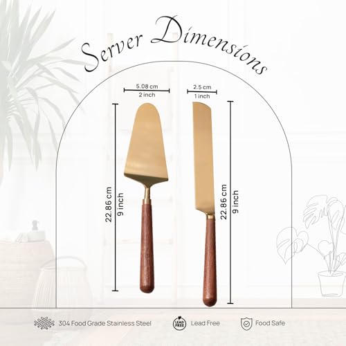 Image of nestroots Golden Finish Stainless Steel Cake Server Set of 2 | Knife & Server (9-Inch Each) with Wooden Handle | Ideal for Cake Cutting, Dessert Serving & Parties | Elegant & Durable Design