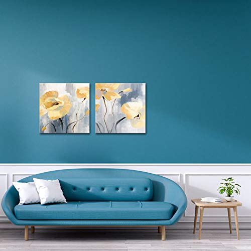 Derkymo 2 Pieces Elegant Yellow Flower Pictures Poppies Flower Canvas Wall Art Yellow And Grey Wall Decor For Home Office Decoration Stretched And Framed Ready To Hang 16"X16"X2Pcs #TOP2