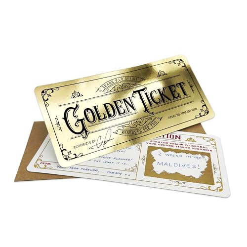 Deluxe Golden Ticket Scratch & Reveal card with envelope. Perfect for any surprise gift holidays concerts birthday gifts for him and her! Designed and Made in the UK.