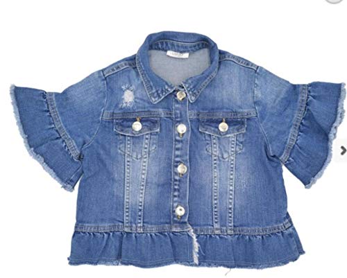  Liujo Giacca di jeans realizzata in denim classico con lieve stonewash e rotture effetto used, maniche a tre quarti e volants con orli unfinished.