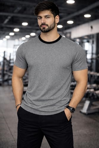 Image of Men's Solid Gym T-Shirt | Slim Fit Gym & Training Tee | Breathable Stretch Fabric | Round Neck Sports Wear for Workout