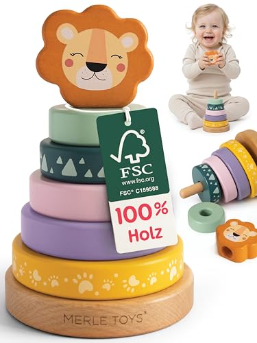 Merle Toys® Stapelturm ab 1 Jahr, 100% FSC-zertifiziertes Holzspielzeug Baby, Stapelturm Holz, Stapelspiel ab 1 Jahr, BPA-Frei, Steckturm, Baby Spielzeug aus Holz, Fördert Feinmotorik, Löwe