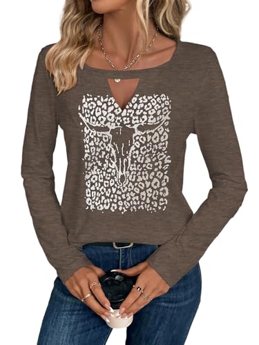 Binshre Cowboy Chic Keyhole Sexy V Neck Country Concert Tops for Women Vintage Western Cowgirl Shirts Casual Long Sleeve Cow Skull Graphic Tees