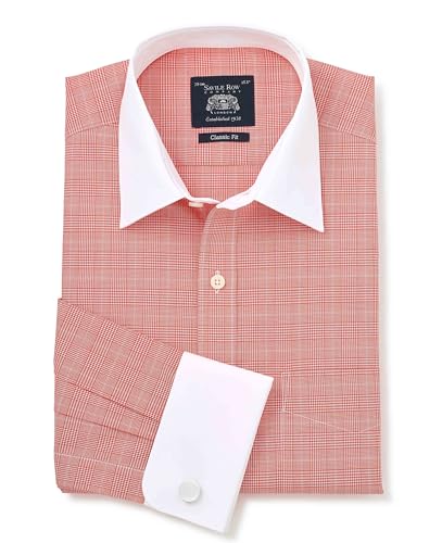 THE SAVILE ROW COMPANY LONDON Men's Classic Fit Cotton Poplin Double Cuff Winchester Formal Shirt - Red Prince of Wales Check - 16" Collar