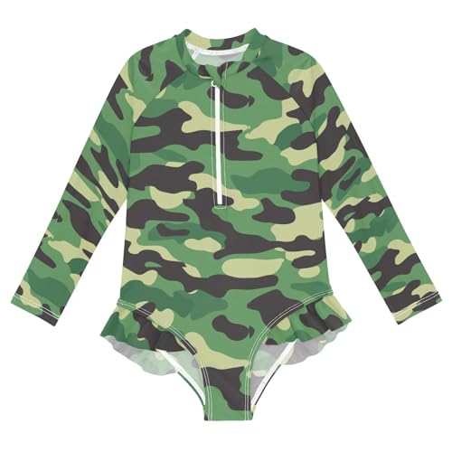 ALAZA Toddler Swimsuit Girl Bathing Suit Swimwear Rash Guard Green Camouflage Long Sleeve 3T