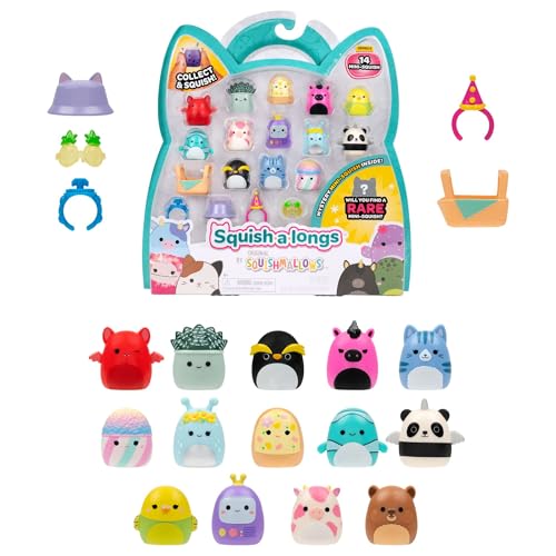 Squish-a-longs Mini-Squish 14-Pack (Wave 5 Style 1) includes Valentine the Red Bat Kitty the Dark Pink Unicorn Kayce the Unicorn Panda