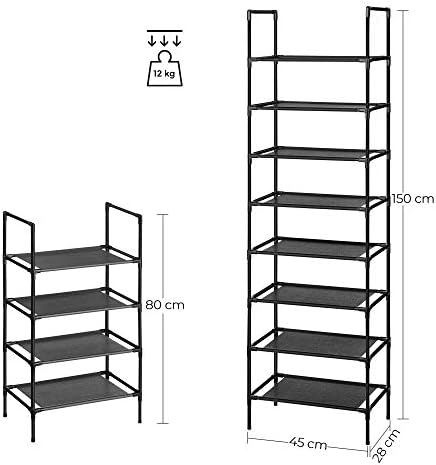 SONGMICS Regał na buty z 4 półkami, zestaw 2, regał na buty, przechowywanie butów, metalowa rama, półki z włókniny, do przedpokoju, sypialni, salonu, 45 x 28 x 80 cm, czarny LSR044B02