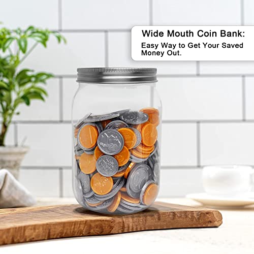Mczxon Small Coin Bank Jars 4-Pack, 16oz Clear Plastic Coin Money Tip Coin Jars with Silver Slotted Lids, Small Clear Plastic Coin Money Piggy Banks Mason Jars for Adults Teens Kids Girls Boys