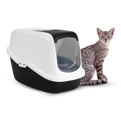 Image of Savic Nestor Covered Cat Litter Box for Indoor Cats, Enclosed Hooded Cat Toilet Home with Flip-Up Door, Odor Control & Easy Cleaning Design - Black, 22x15x15 Inch | Covered Hooded Design