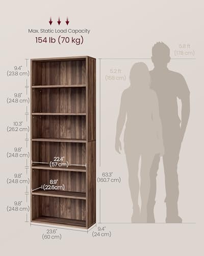 Image of VASAGLE CUSTOS Collection - Bookshelf, 6-Tier Bookcase, Book Shelf, Open Storage Shelf, 9.4 x 23.6 x 63.3 Inches, for Living Room, Home Office, Dining Room, Natural Walnut ULBC166K01