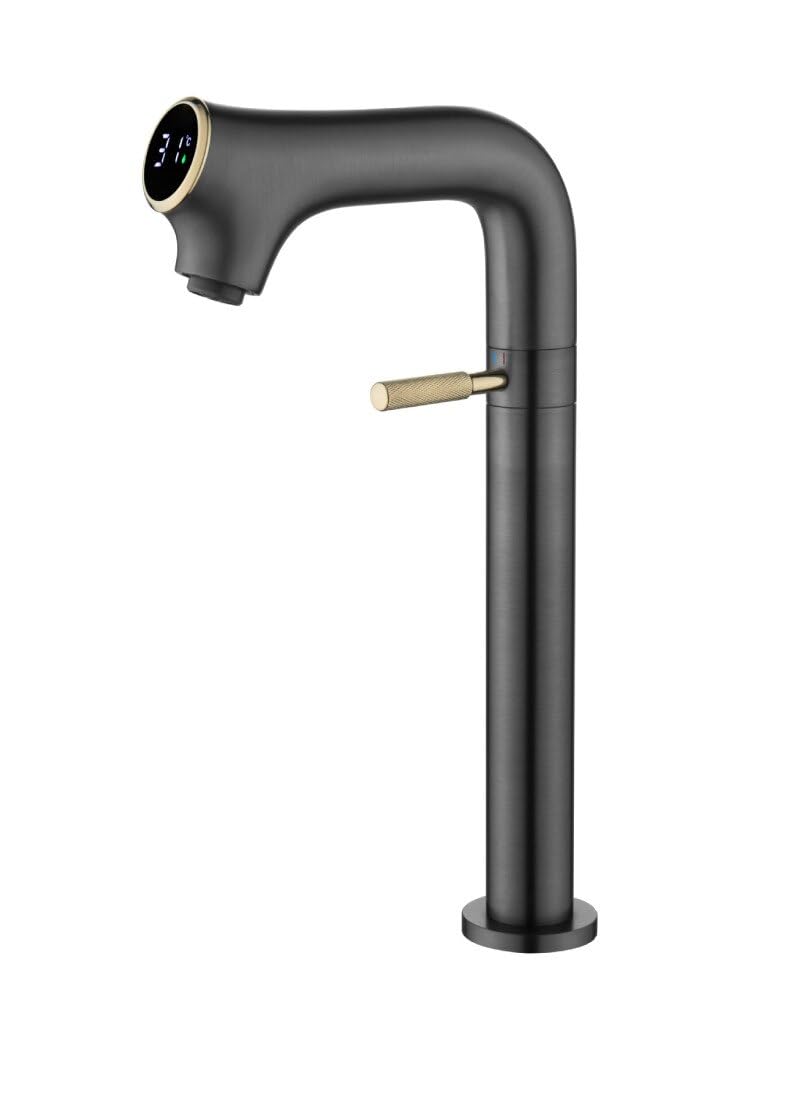 Grifo de lavabo digital con control de temperatura para un baño moderno gris alto