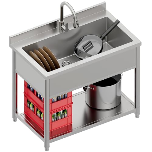 Stainless Steel Utility Sink, Large Freestanding Laundry Sink with Pull-out Faucet for Kitchen,...