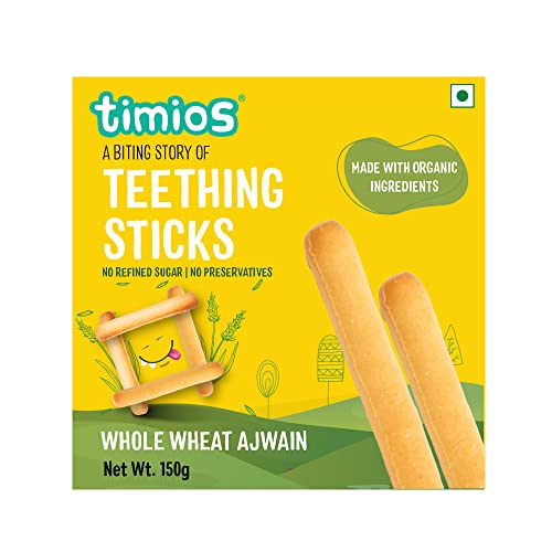 Image of Timios Organic Teething Sticks - Whole Wheat & Ajwain, 150g, Healthy, Tasty & Preservative-Free Baby Snack, Soothes Gums, Promotes Self-Feeding