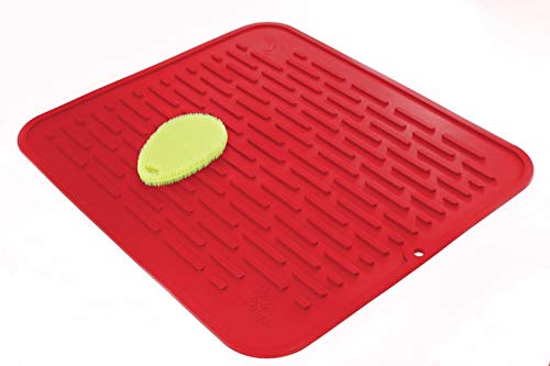 Red Extra-Large Silicone Dish-Drying Mat & High-Heat Resistant Trivet With BONUS Silicone Scrubby | Antimicrobial, Antibacterial | 17.8 x 15.8 inch