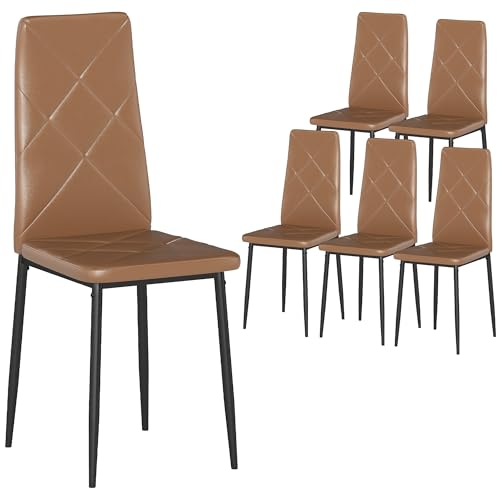HOMCOM Set de 6 chaises de Salle à Manger en Simili Cuir, chaises de Cuisine à Haut Dossier avec Coutures en Diamant et Pieds en Acier, chaises Modernes pour...