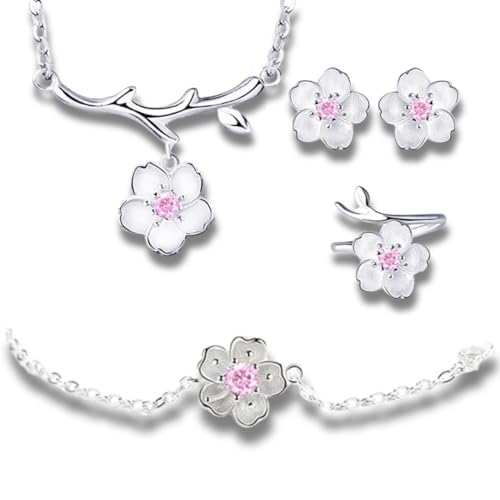 Conjunto Feminino Flor de Cerejeira 4 Peças em Prata Esterlina 925 – ¨Cherry Blossom¨ (Colar, Pulseira, Anel Ajustável e Brincos) – Estilo Romântico e Conexão com a Natureza – Acompanha Bolsa de Veludo