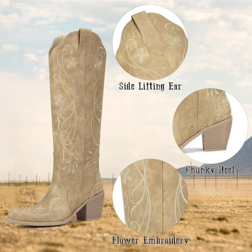 Image of wetkiss Knee High Cowboy Boots for Women, Stable and Comfortable | Western Style,Cowgirl Boots,Versatile,Pull On,Various Occasions,Non-slip Sole,Bohemian Rural Style