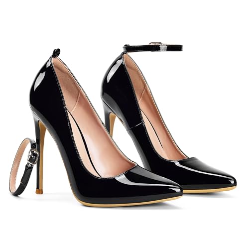 Elisabet Tang Women's Fashion Removable Ankle Strap Classic Pumps High Heels - 4.7IN Sexy Closed Pointy Toe Stilettos for Party Dress Shoes