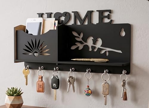 Image of Wall Mount Key Holder & Mail Organizer | Laser-Cut Key Hanger with 7 Metal Hooks, Letter Rack & Pen Stand | Wooden Wall Decor for Entryway, Living Room, Home & Office (Home)