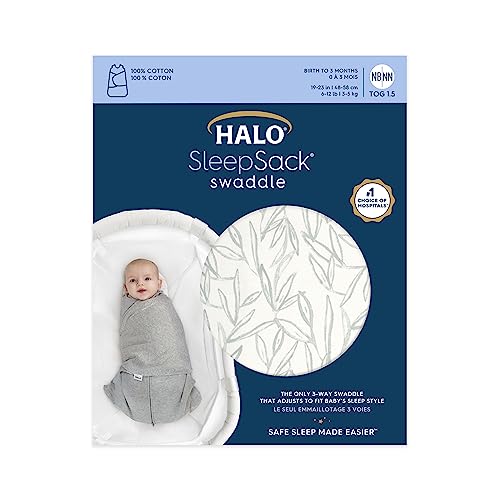 Image of HALO 100% Cotton Sleepsack Swaddle, 3-Way Adjustable Wearable Blanket, TOG 1.5, Leaves, Small, 3-6 Months