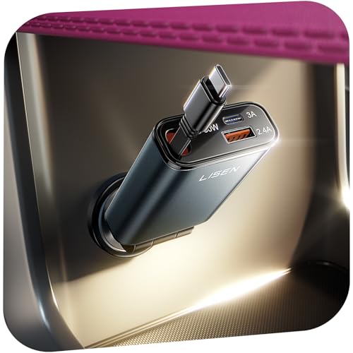 LISEN 57W Zigarettenanzünder USB C 3 in 1 Auto Ladegerät - [300% Kompakt] 12V USB Adapter Auto Ladegerät mit Einziehbares Ladekabel, PD&QC3.0 Car Charger für iPhone 17 Pro Max 16 15 14