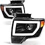 oEdRo LED DRL Headlight Assembly Compatible with 2009-2014 Ford F150, Headlamp Replacement w/Daytime Running Light Black Housing Amber Reflector Clear Lens - Pair Set