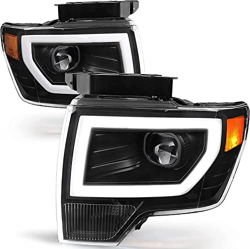 oEdRo LED DRL Headlight Assembly Compatible with 2009-2014 Ford F150, Headlamp Replacement w/Daytime Running Light Black Housing Amber Reflector Clear Lens - Pair Set