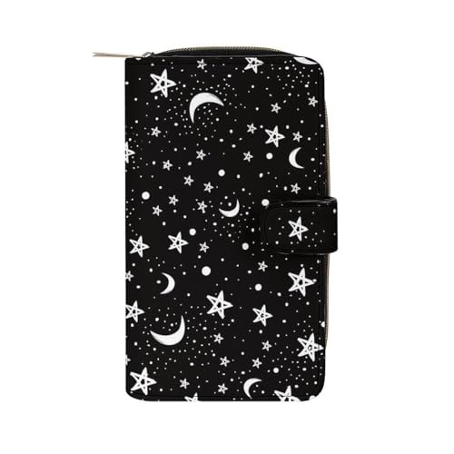 Black White Moon And Star Pattern Leather Wallets Large Capacity Zipper Pocket Card Holder with ID Window, 19.7x11x3.5cm, style