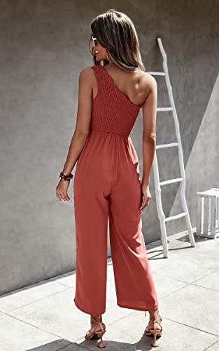 Angashion Women's Summer Wide Leg Jumpsuits One Shoulder Casual Sleeveless Elastic High Waist Solid Color Romper With Pockets Pink Brown Medium #TOP2