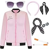 Pink Ladies Jacket Grease, Halloween 50s Costumes for Women Bad Sandy from Grease 1950s Top Belt Outfits Accessories Belt Adults Glasses,M