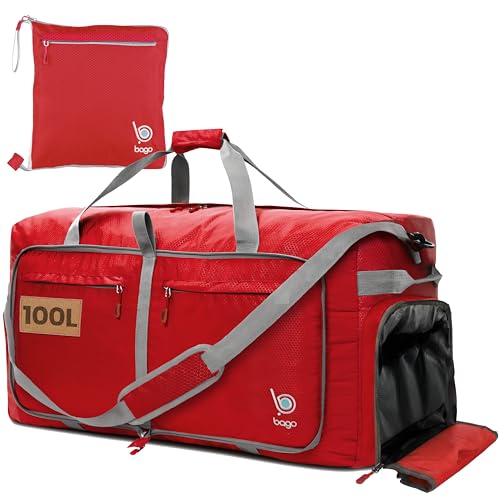Bago 40L 60L 80L 100L 120L 140L Duffel Bags for Traveling – Durable Lightweight Waterproof Foldable Duffle Bag for Travel with Shoe Compartment, Packable Collapsible Overnight Bag for Men & Women, Red