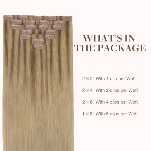 Image of GOO GOO Clip in Hair Extensions Real Human Hair, Remy Human Hair Extensions Clip ins for Women, Natural Human Hair, 16inch 110g 7 Pcs, #12A /18H Ash Beige Blonde Blend