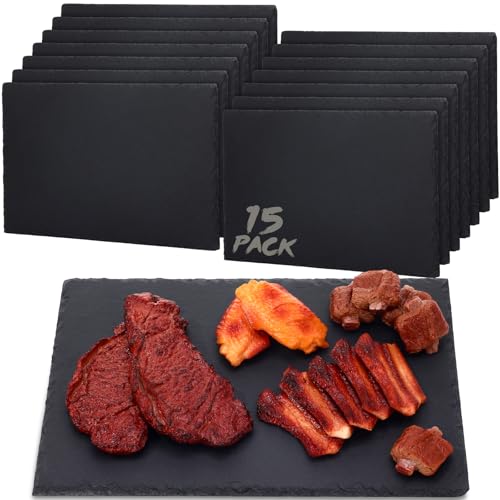 Zopeal 15 Pcs 11.8" X 7.9" Black Slate Charcuterie Boards Charcuterie Stone Plates with Natural Edge Slate Cheese Tray Serving Stone Board for Kitchen Dining Party Meat Fruits Display Chalkboard