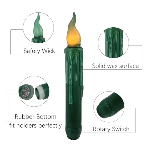 Image of Green Flameless Candle Taper Candlesticks, 4pcs LED Tapered Dipped Candles 6inch Battery Powered Chandelier Remote Candle Sticks for Christmas Vigil Harry Potter (30-Dark Green)