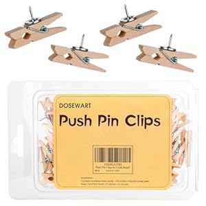 DOSEWART Push Pin Clips for Cork Board, 60 Pcs Wooden Paper Clips with Push pins for Bulletin Board Decoration, Artworks, Notes, Photos, Cubicle and Classroom Decor