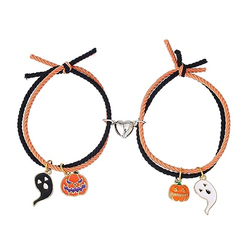 Image of Caiyao 2Pcs Love Heart Couple Matching Ghost Pumpkin Bracelet Set Adjustable Braide Rope Halloween Mummy Cat Hat Wizard Bracelet for Boyfriend Girlfriend Lover Friend Friendship Jewelry-S ghost-4