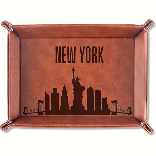 New York City Skyline Gifts, NYC Gifts for NYC Lovers, Skyline Map Valet Tray for Him, Male, Boyfriend, Son, Husband, Dad, Desktop Organizer PU Leather Tray